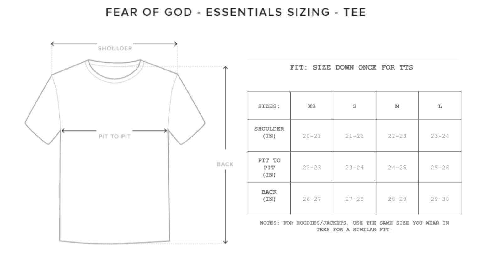Fear of God Tees & Hoddies Size Chart