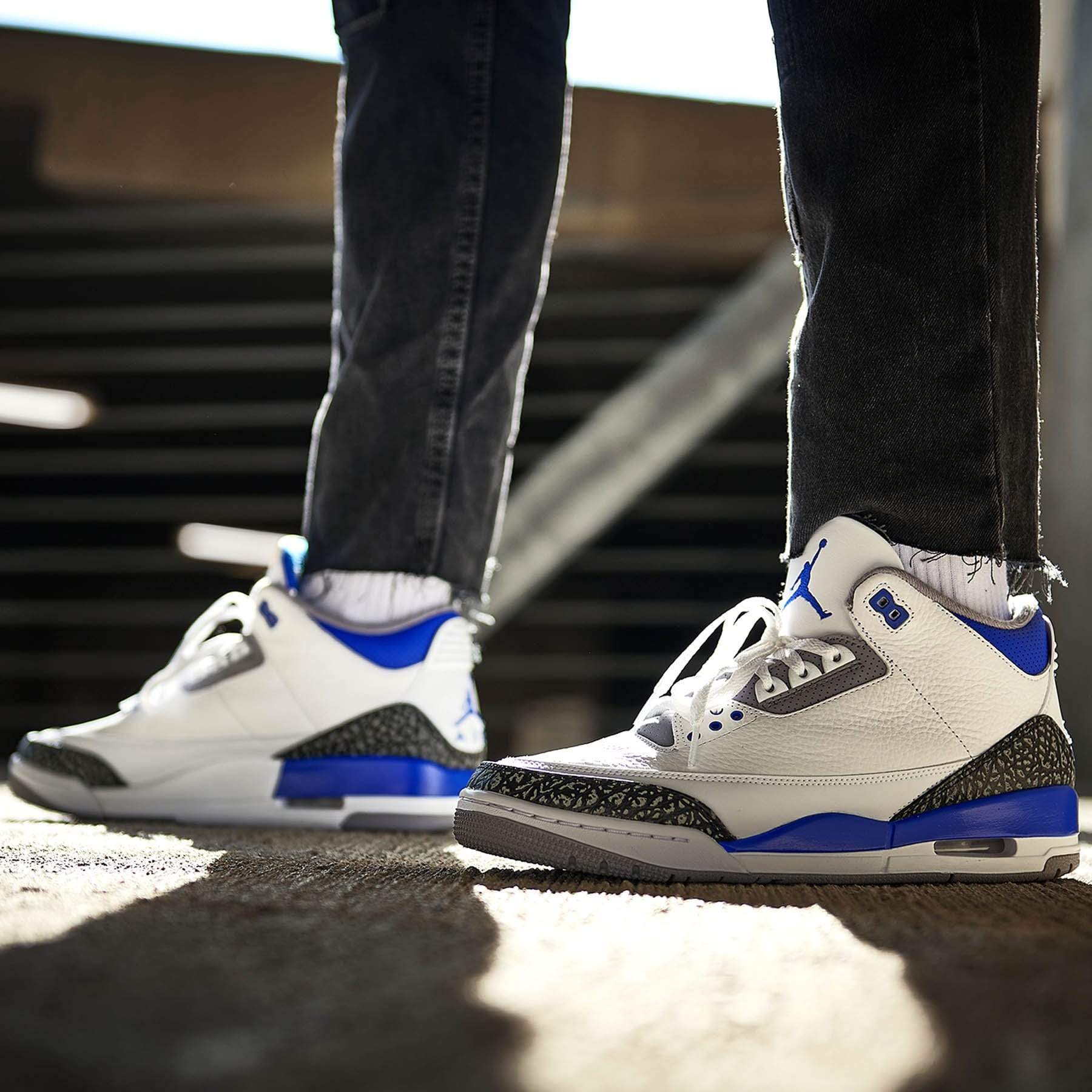 blue and white jordan 3's