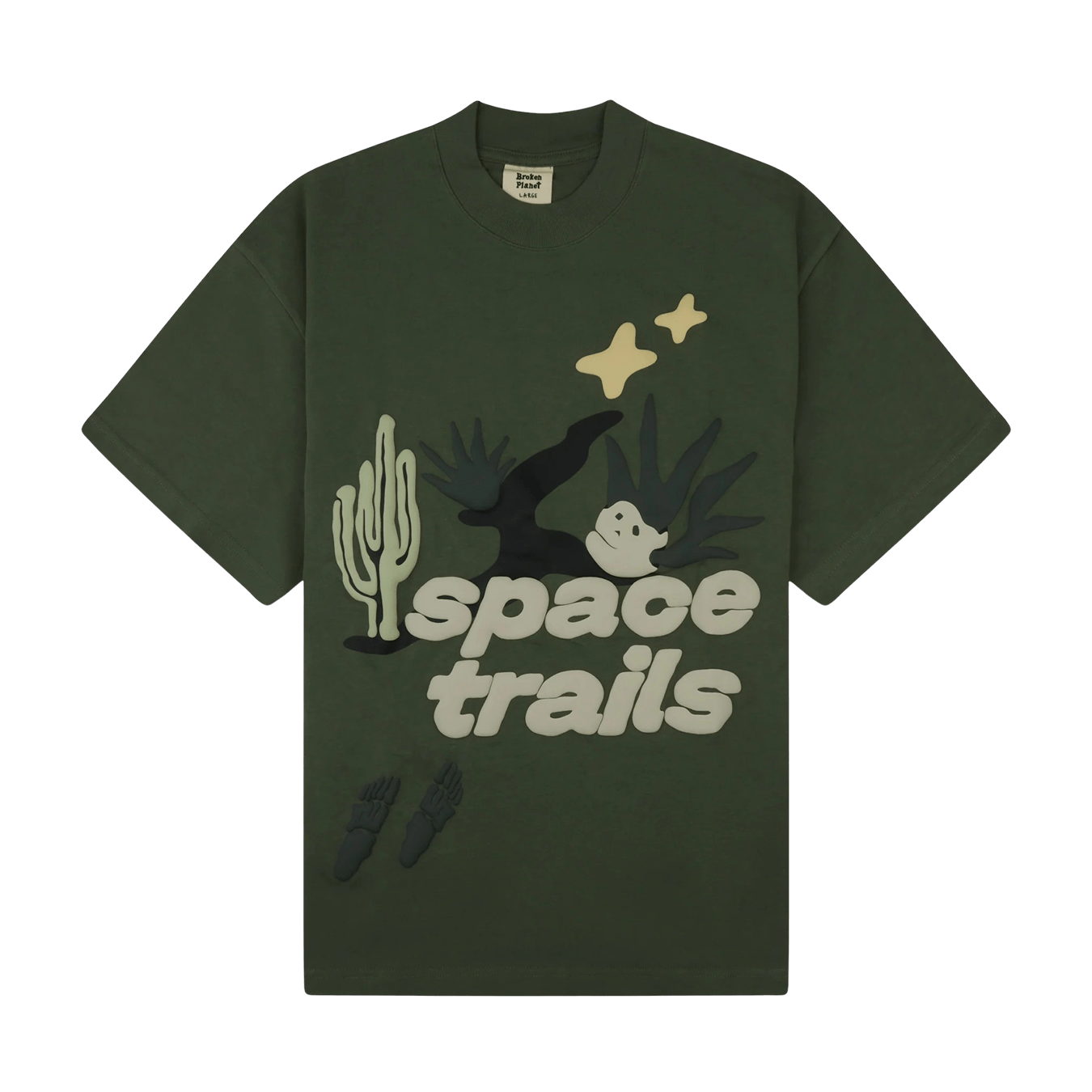 Broken Planet Market T Shirt 'Space Trails' - Olive Green