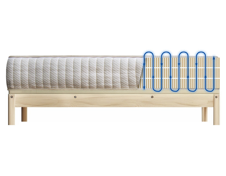 Cross-section of a latex mattress highlighting the pinholes for breathability, demonstrating the importance of temperature regulation in a child's mattress.