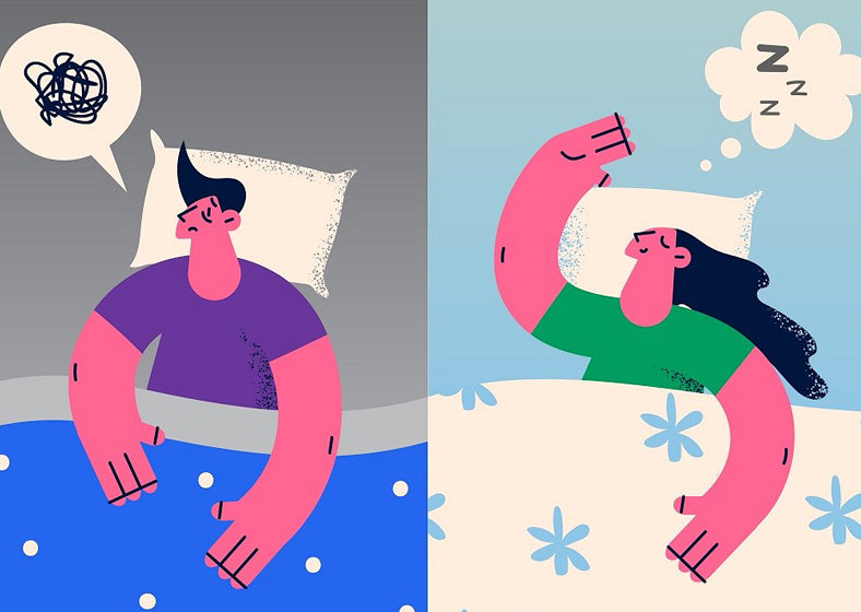 man and woman in bed have good and bad sleep