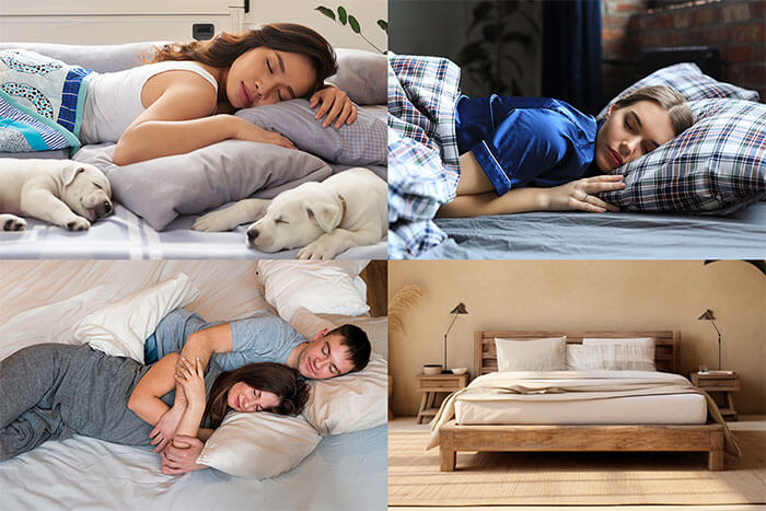 Solo sleeper, thin couple cuddling, teenager, and average bedroom