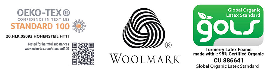OEKOTEX Woolmark and GOLS logos for best mattress pad queen