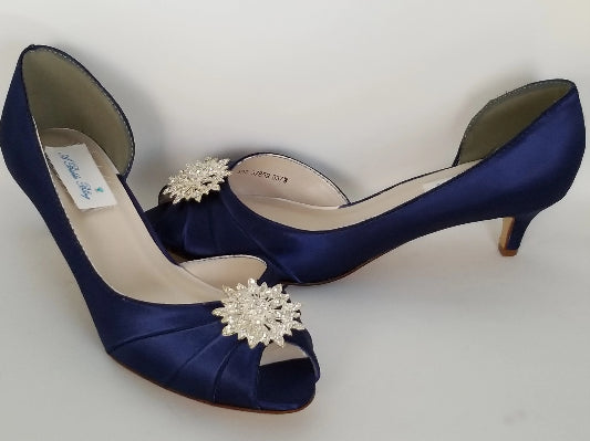 Navy Blue Bridal Shoes Crystal Flower 