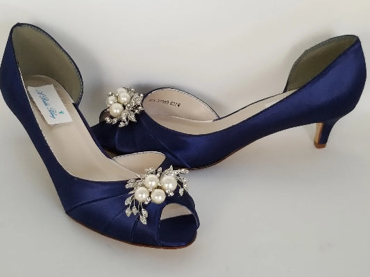 Navy Blue Bridal Shoes Crystal and Pearl Cascade Design – Custom ...
