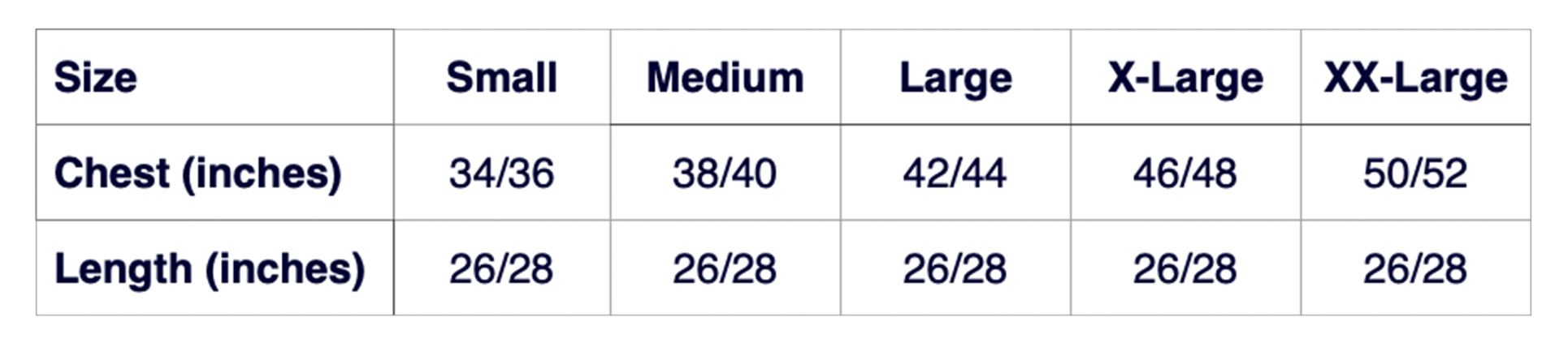 A sizing chart for jumpers