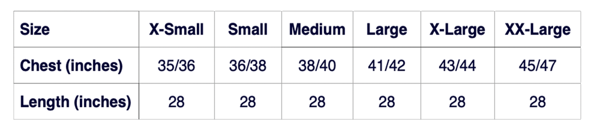 A sizing chart for t-shirts