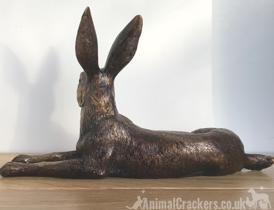 Large 25cm Bronze effect laying Hare ornament sculpture figurine hare