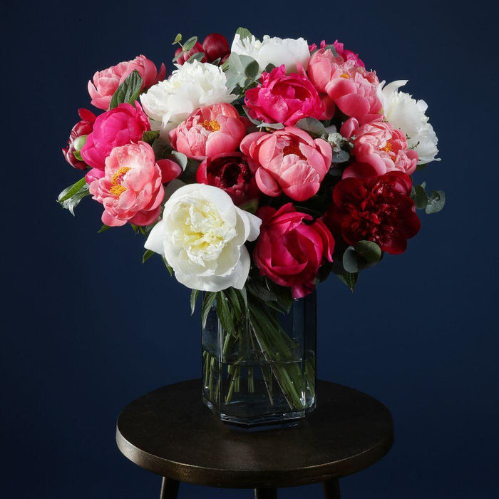 Example gift subscription flowers, mixed peonies in a clear glass vase.