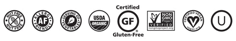 Nut free, allergy friendly, serving of vegetables, USDA organic, certified gluten free, Non GMO verified, Certified vegan (vegan.org), U