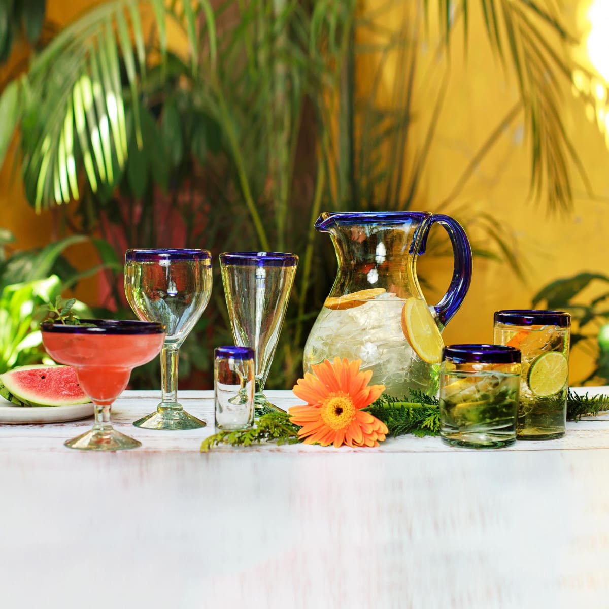 Mexican Glassware Cobalt Blue Pitcher Set of 6 Swirl Drinking Glasses Set