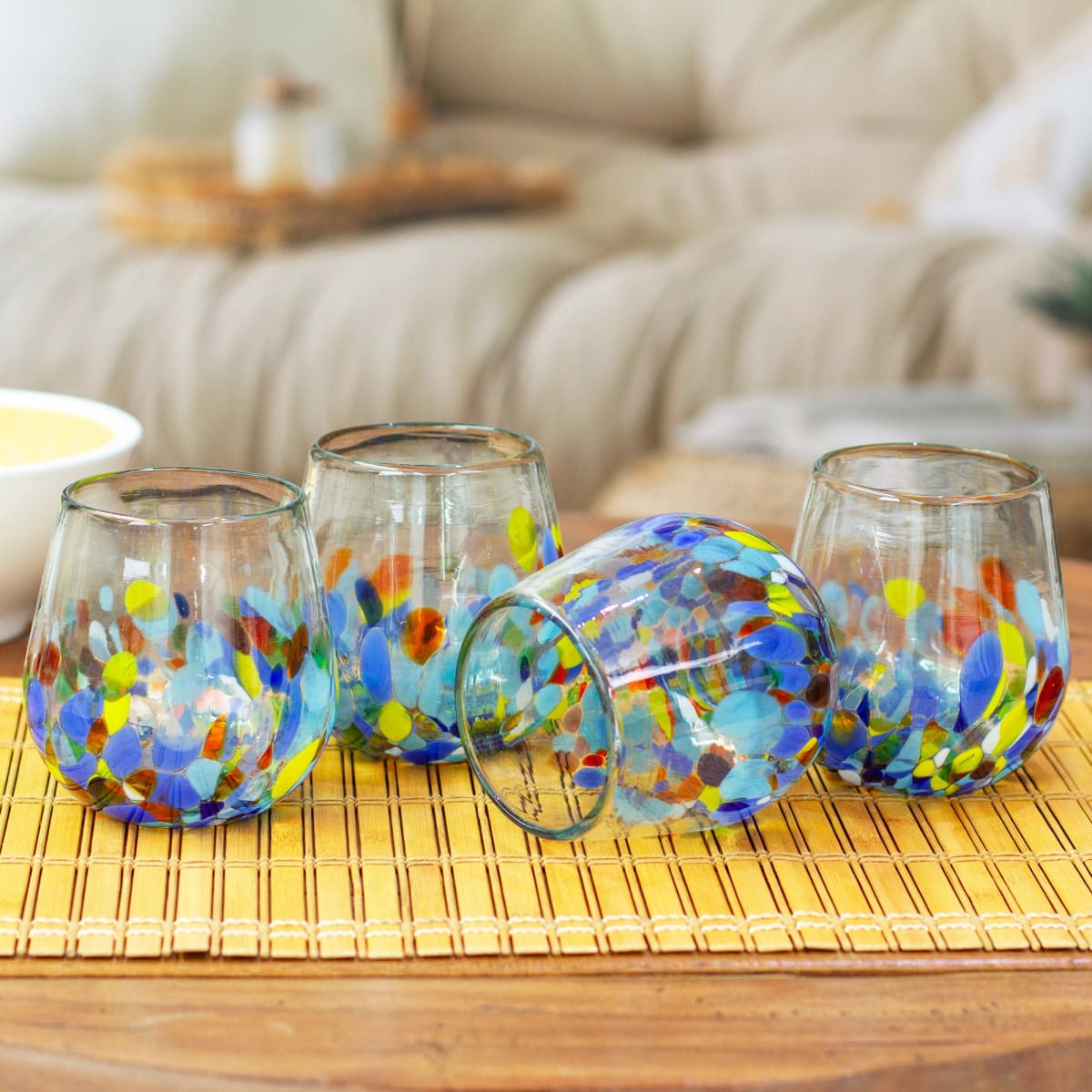 Set of 4 Colorful Wine Glasses Handblown from Recycled Glass - Bright  Confetti