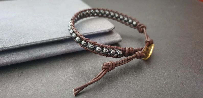 Double Layer 4mm Stone Beads Brown Leather Anklet Bracelet Beaded Bracelets  — Discovered