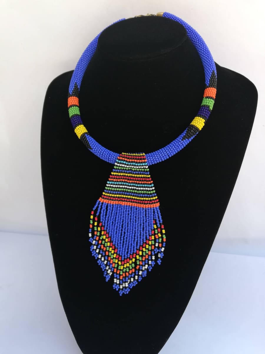 African beaded necklace, Blue Tribal fringe neck piece