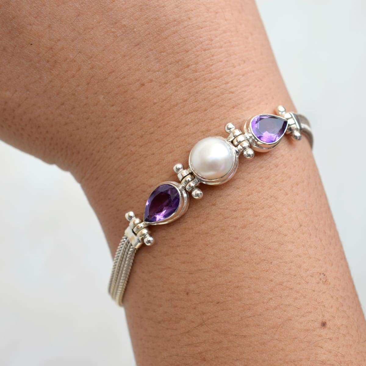 Sterling Silver Multigem Link Bracelet with Garnet Amethyst