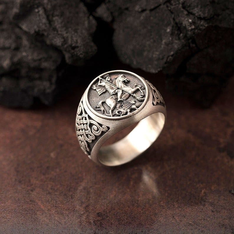 Mens Silver St Michael Ring Signet Sovereign Jewelry Gift 