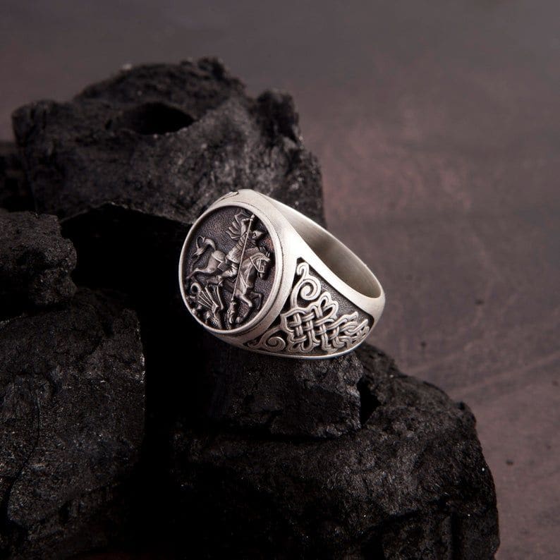 Mens Silver St Michael Ring Signet Sovereign Jewelry Gift 