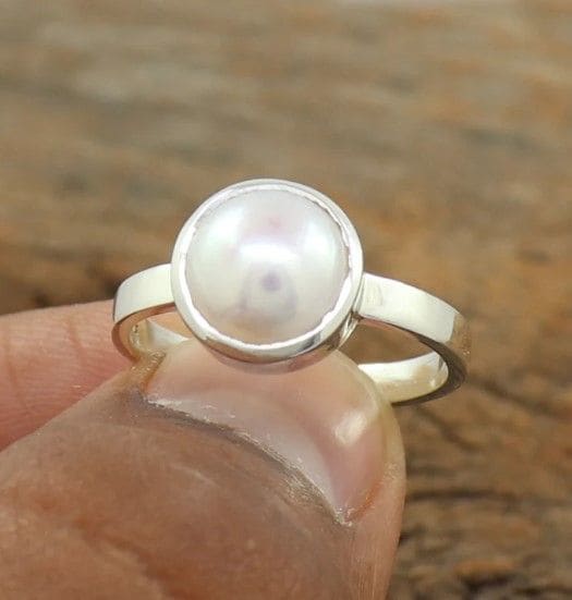 Oval Inlaid Mother of Pearl Silver Ring, Sterling Silver, Oval Shape,  Simplistic,