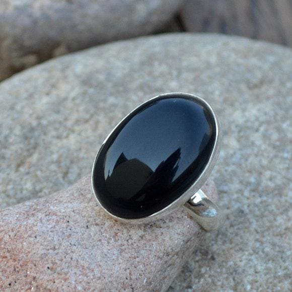 Black Onyx Ring - Ladies 925 Sterling Silver Oval Ring