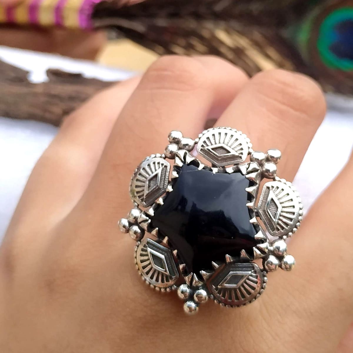 Black Onyx Leaf 925 Sterling Silver Southwest Style Ring, handcrafted  Jewelry,Gift for her