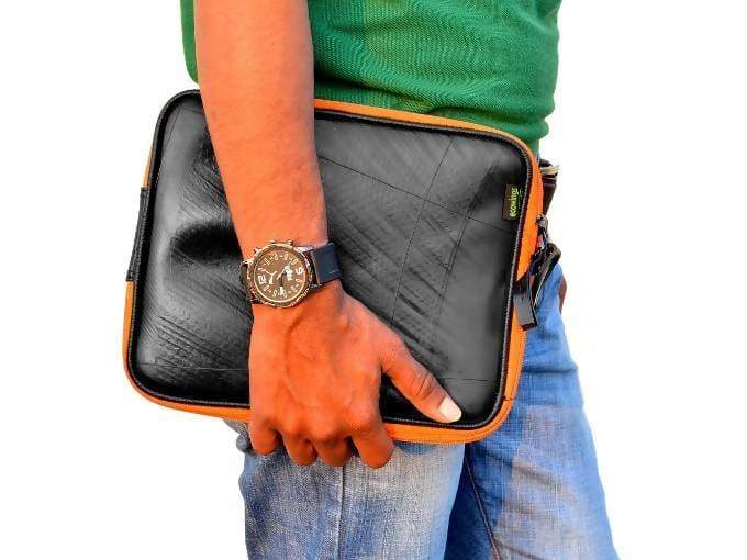 Black Recycled Rubber Sling Bag, Handmade By Ecowings