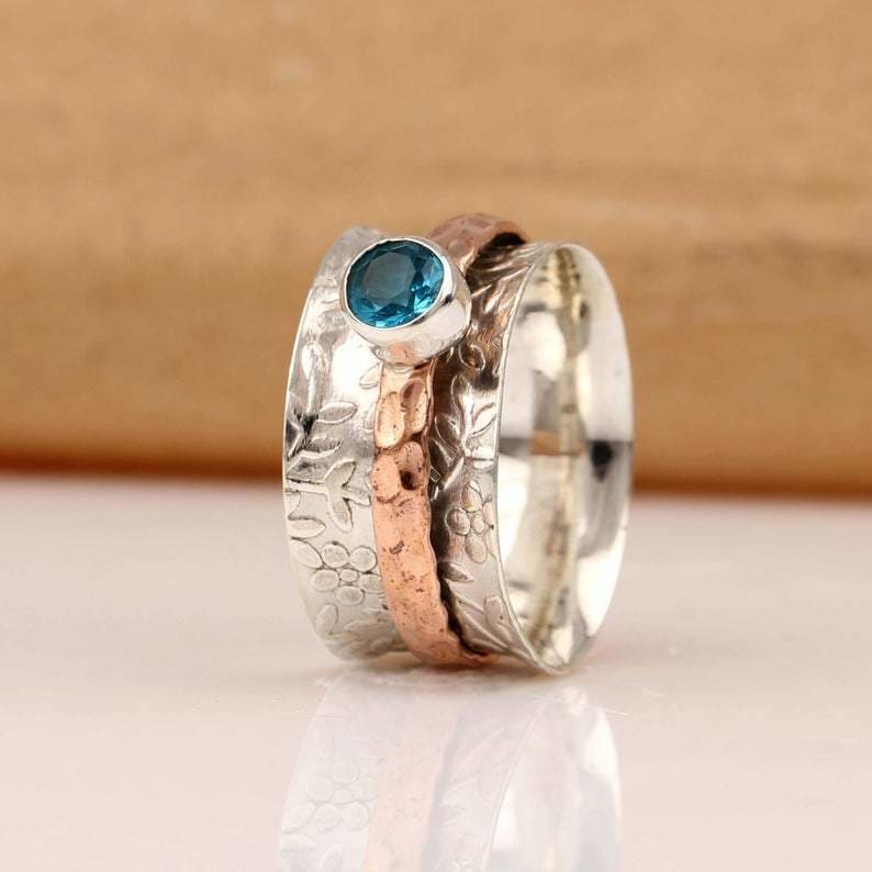 Natural Blue Topaz Gemstone Silver Spinner Ring 925 Sterling 