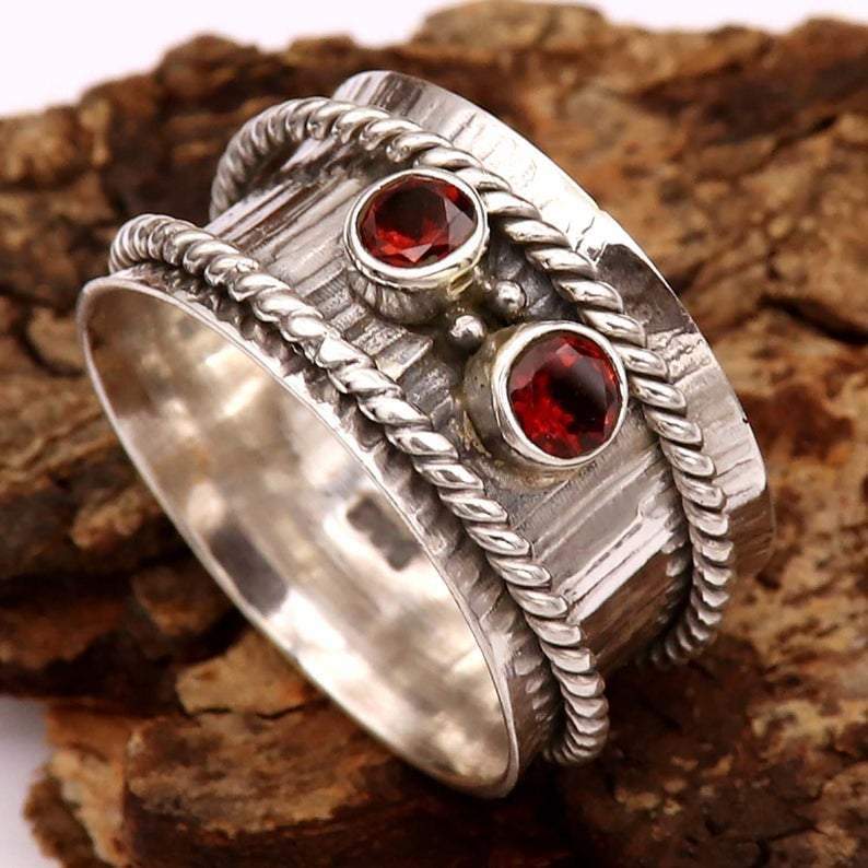 Boho Silver Red Garnet Spinner 925-Sterling Silver Ring Unique Handcrafted  — Discovered