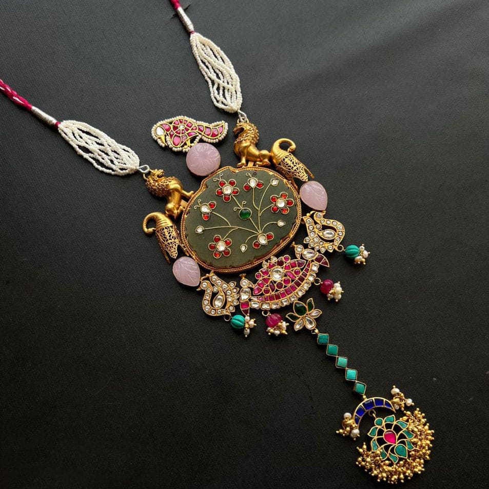 Matt Gold Laxmi Kemp color stone Long Necklace set 9351N – Griiham