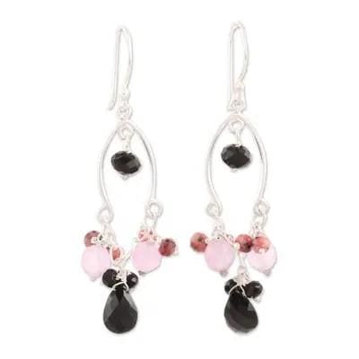 Delightful Silver Black Spinel Earrings,Lavender and Pink Quartz