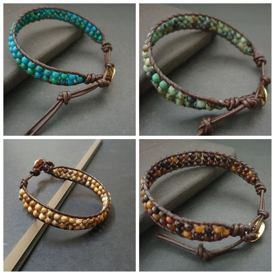 Double Layer 4mm Stone Beads Brown Leather Anklet Bracelet Beaded