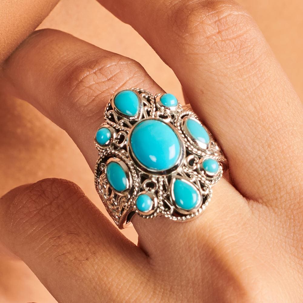 Exclusive Sleeping Beauty Turquoise Ring, oxidized 925 sterling silver Bali  Ring, Valentine Gift, Christmas gift Ornate Ring