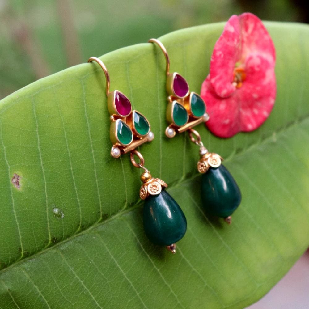 Ancient Gold Ruby And Emerald Stone Earring