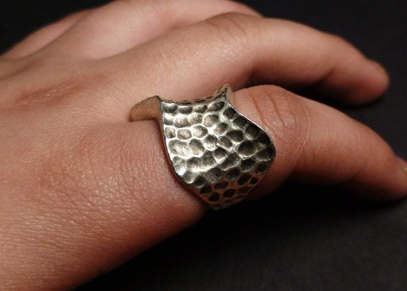  Hammered Sterling Silver Handmade Wide Band Ring