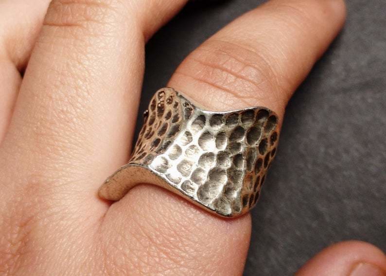 Sterling Silver Wide Band Statement Ring Handmade Boho Long 