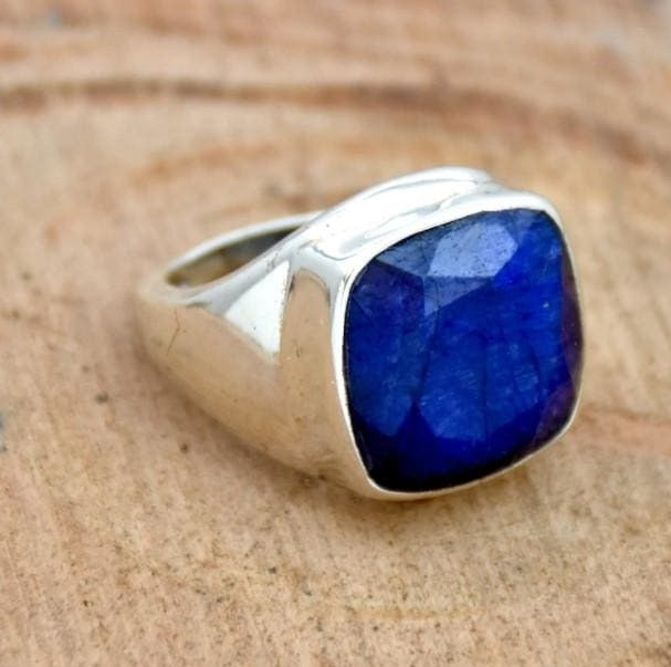 Indian Blue Sapphire 925 Sterling Silver Ring, Handmade Jewelry,Cushion  Gemstone, Gift for someone you love