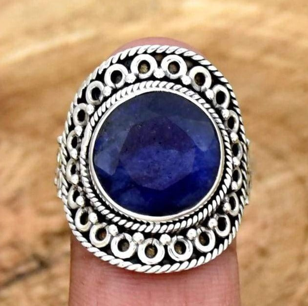 Indian Sapphire 925 Sterling Silver Ring, Handmade Filigree Jewelry,Gift  For Her