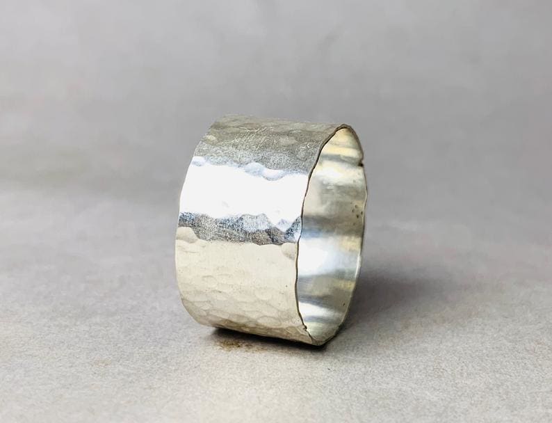 Men's Wide Band Hammered Sterling Silver Ring 10