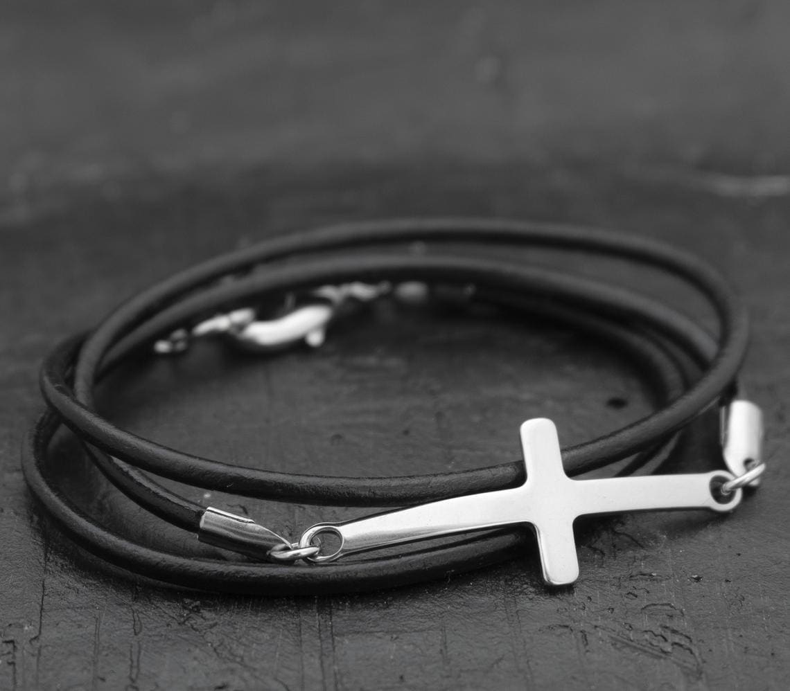 Men Leather Cross Bracelet Silver Cross Bracelet Religious 