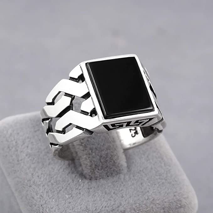 AROTOROM Silver Men Ring 925 Sterling Silver Band for Men with Onyx Stone,Natural  Rectangle Agate Large Stone Handmade Mens Jewelry Ring,Turkish Vintage Big  Gemstone Statement Rings with Cubic Zirconia Stone, Minimalist Silver