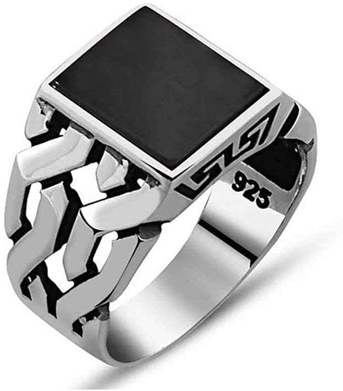 Black Ring for Men Pure 925 Sterling Silver Ring Rectangel 