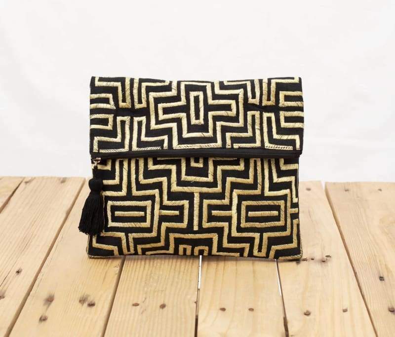 Geometric Black & Gold Beaded Clutch Bag