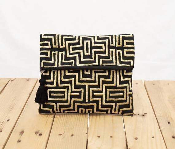 Black Woven Foldover Clutch