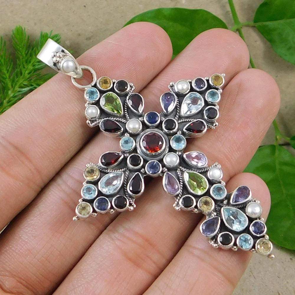 Big multi gemstone Cross Pendant 925 sterling silver handmade jewelry —  Discovered