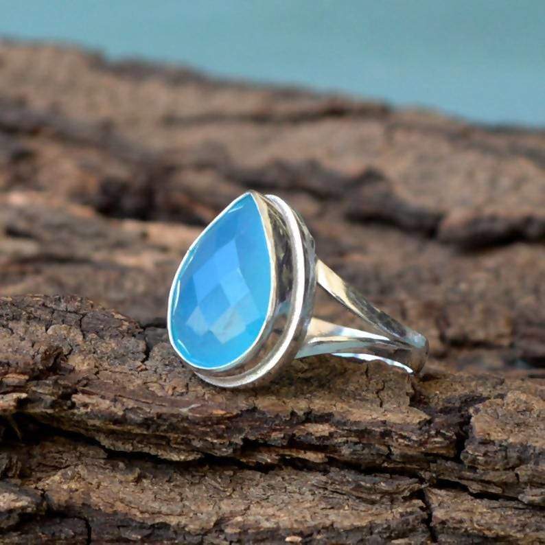 Natural Aqua Blue Chalcedony Gemstone Ring Bezel Ring 925 Sterling