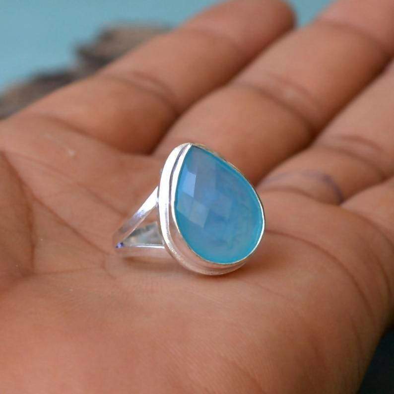 Natural Aqua Blue Chalcedony Gemstone Ring Bezel Ring 925 Sterling