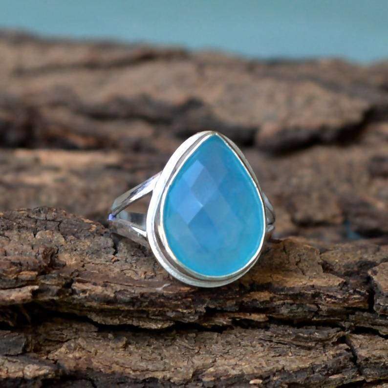 Natural Aqua Blue Chalcedony Gemstone Ring Bezel Ring 925 Sterling