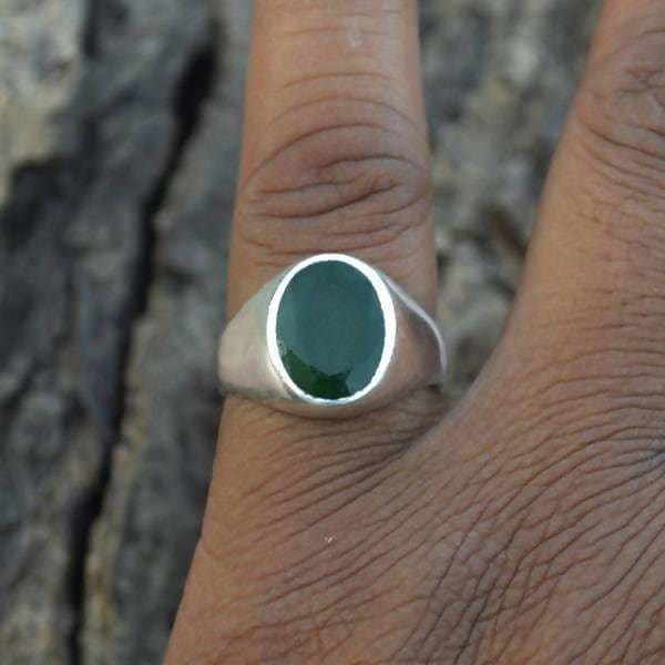 1 Carat Astrological Oval Cut Natural Emerald Men's Ring Silver