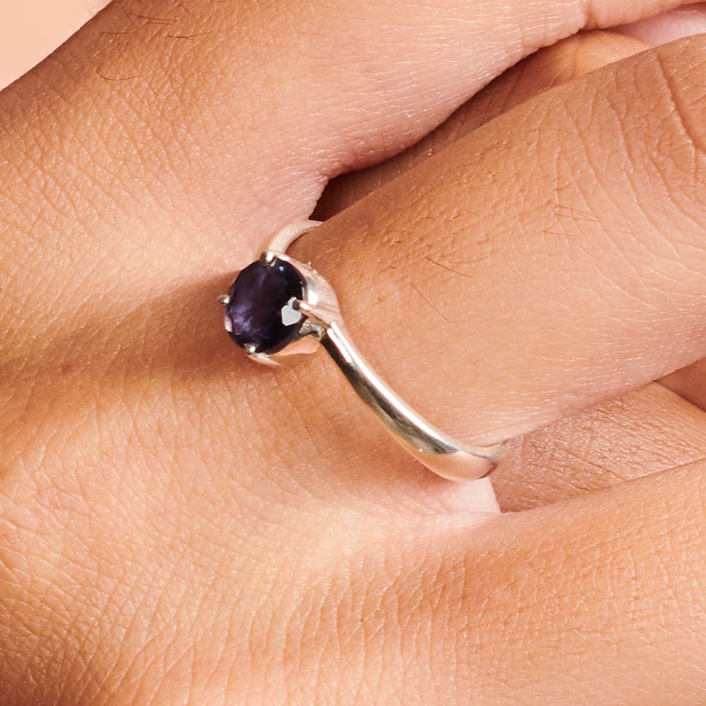 Natural Iolite Sterling Silver Prong Ring Dark Blue Gemstone