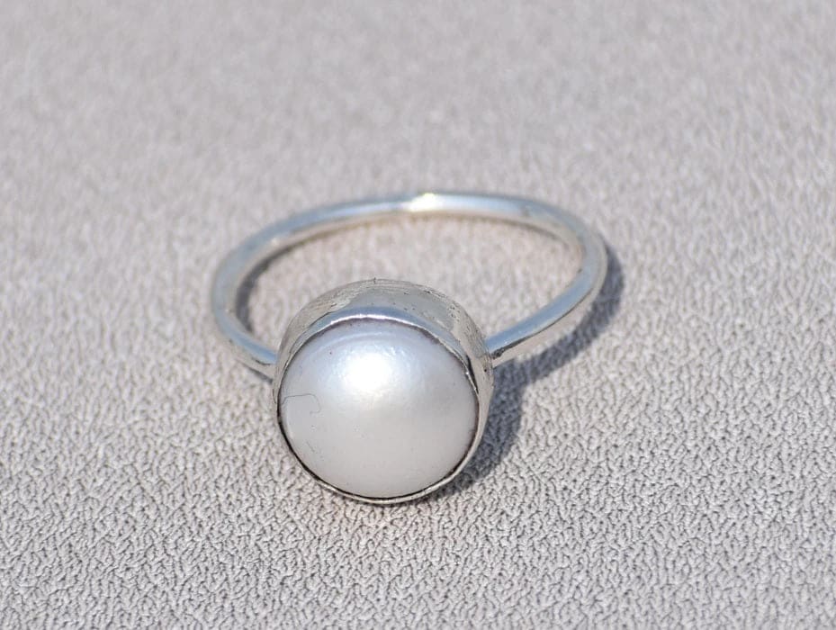 925 Sterling Silver Pearl Ring , Round Cabochon Smooth Polished Gemstone  Ring | eBay