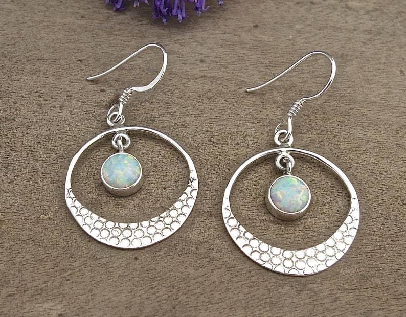 Opal Dangle Earrings Sterling Silver Boho Earrings,Circle Hoops,Gift for  Women